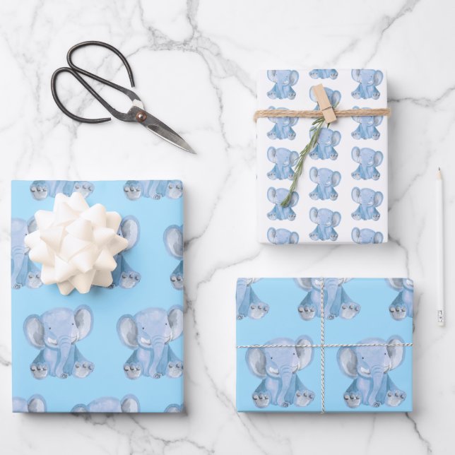 Cute Blue Elephant Wrapping Paper Set (Front)