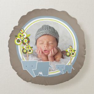 Cute Blue Elephants Forest Baby Boy Photo Round Cushion