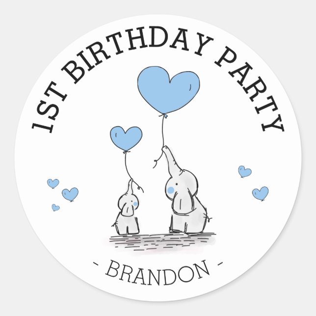Cute Blue Elephants & Hearts | Boy 1st Birthday Classic Round Sticker (Front)