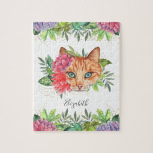 Cute Blue-Eyed Floral Cat Name Jigsaw Puzzle