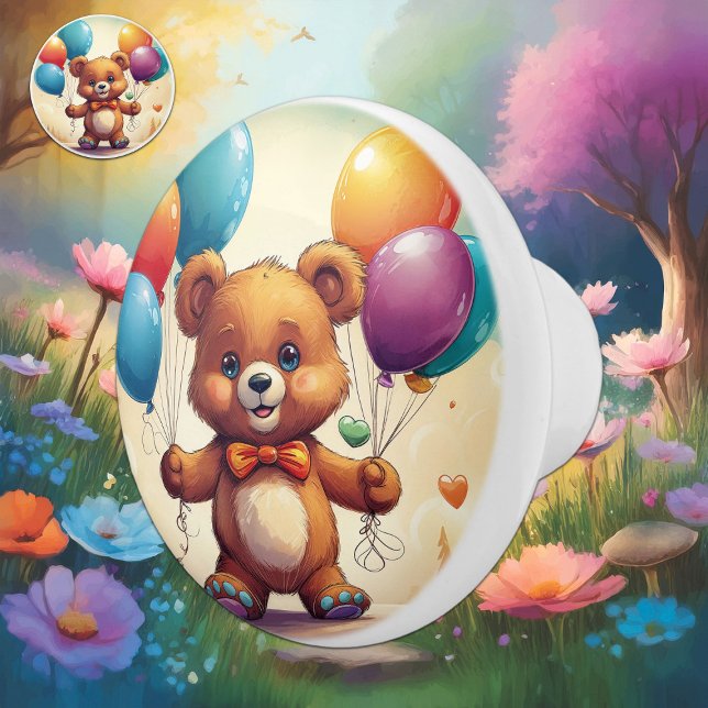 Cute Blue-Eyed Teddy Bear with Balloons Ceramic Knob (Creator Uploaded)