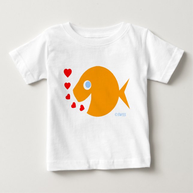 Cute Blue Eyes Baby Goldfish Cartoon and Kisses T-Shirt (Front)