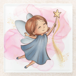 Cute Blue Fairy Holding Star Wand Glass Coaster