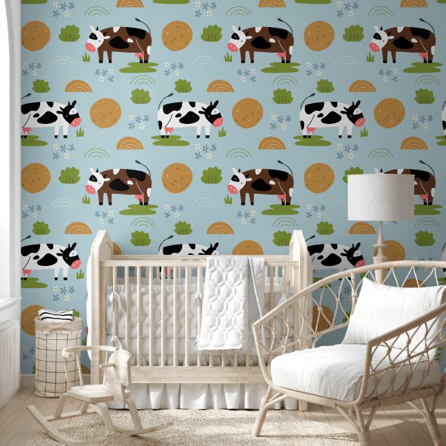 Cute Blue Farm Animals Pattern Kids Nursery Room Wallpaper (Kids)