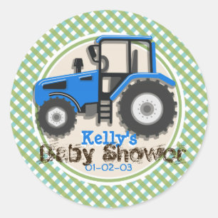 Cute Blue Farm Tractor; Green Plaid Baby Shower Classic Round Sticker