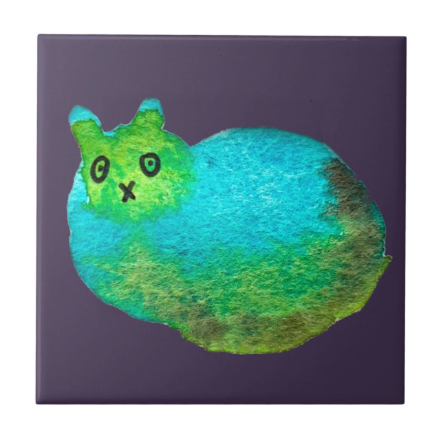 Cute blue fat cat art illustration ceramic tile (Front)