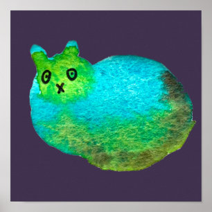 Cute blue fat cat art illustration poster