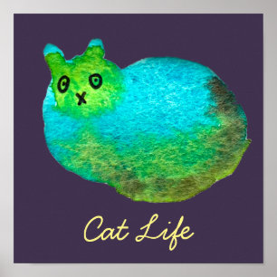 Cute blue fat cat art illustration poster