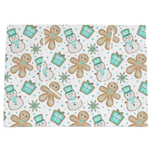 Cute Blue Festive Christmas Gingerbread Large Gift Bag