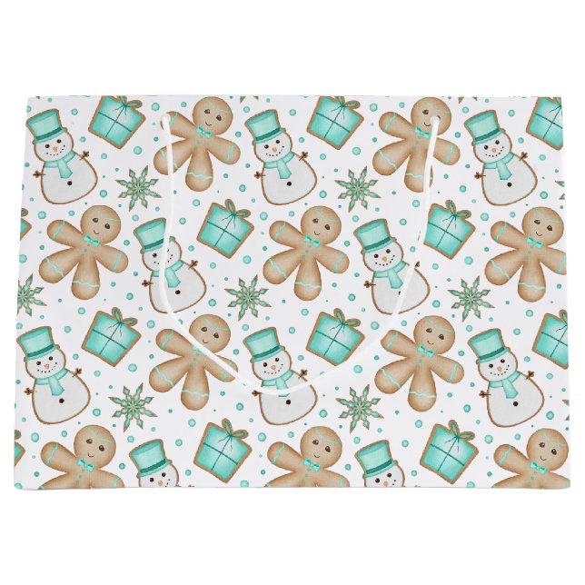 Cute Blue Festive Christmas Gingerbread Large Gift Bag (Front)