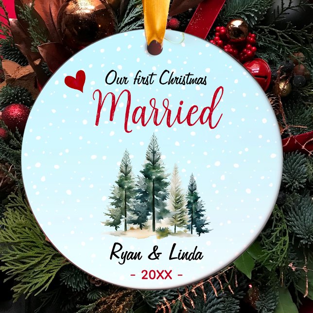 Cute blue first Christmas married green trees Ceramic Ornament (Creator Uploaded)