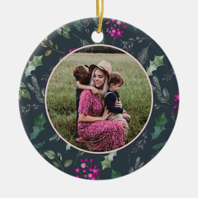Cute Blue Floral Christmas Photo   Ceramic Ornament (Front)