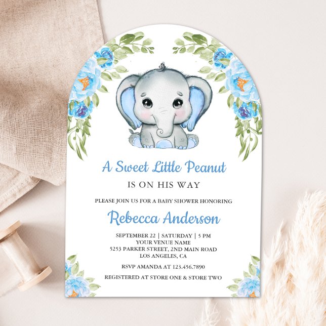 Cute Blue Floral Elephant Arch Baby Shower Invitation (Creator Uploaded)