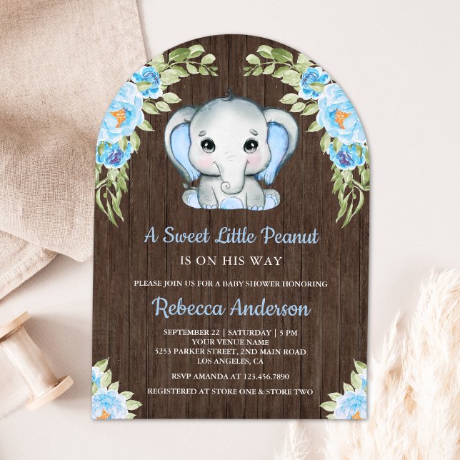 Cute Blue Floral Elephant Arch Wood Baby Shower Invitation (Creator Uploaded)