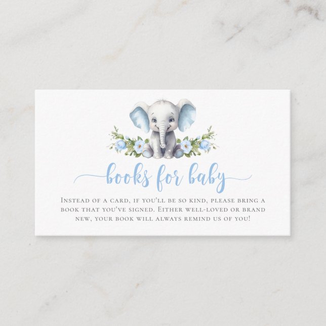 Cute Blue Floral Elephant Books For Baby Shower Enclosure Card (Front)