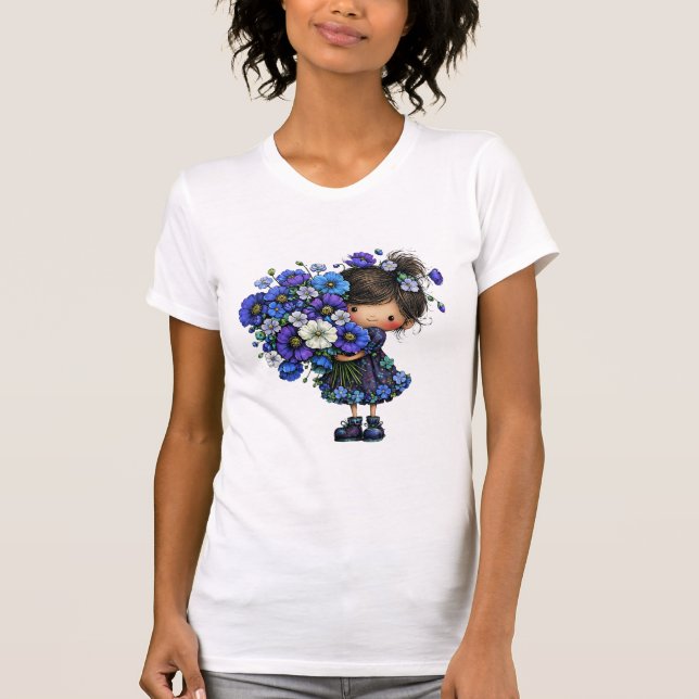 Cute Blue Floral Girl Bouquet Art Design T-Shirt (Front)