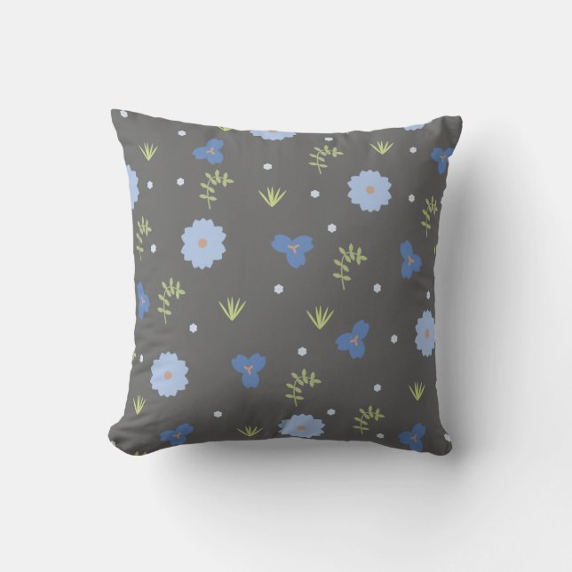Cute Blue Floral on Grey Throw Pillow (Front)