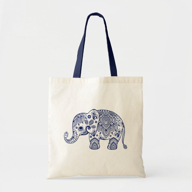 Cute Blue Floral Paisley Elephant Illustration. Tote Bag (Front)