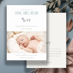 Cute Blue Floral Photo Boys Birth Announcement