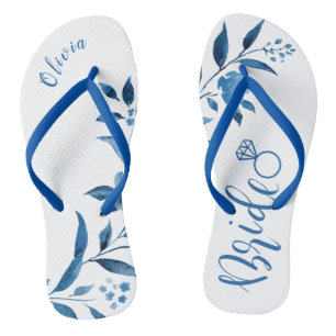Cute blue floral wedding party bride flip flops