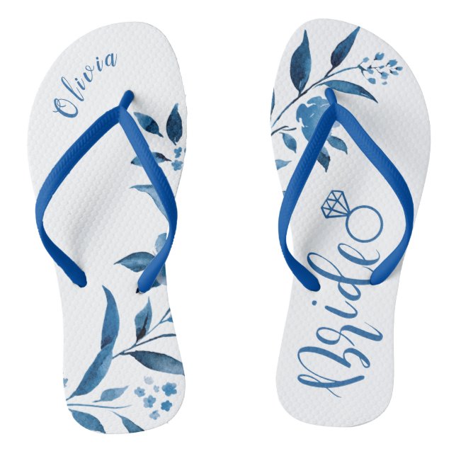 Cute blue floral wedding party bride flip flops (Footbed)