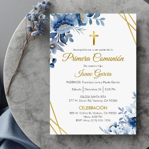 Cute Blue Flowers First Communion in Spanish  Invitation
