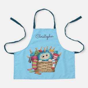 Cute Blue Fluffy Sock Monster Kids Design Apron