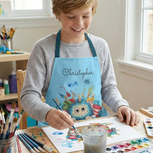 Cute Blue Fluffy Sock Monster Kids Design Apron