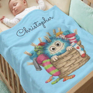 Cute Blue Fluffy Sock Monster Kids Design Fleece Blanket