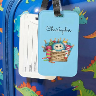 Cute Blue Fluffy Sock Monster Kids Design Luggage Tag