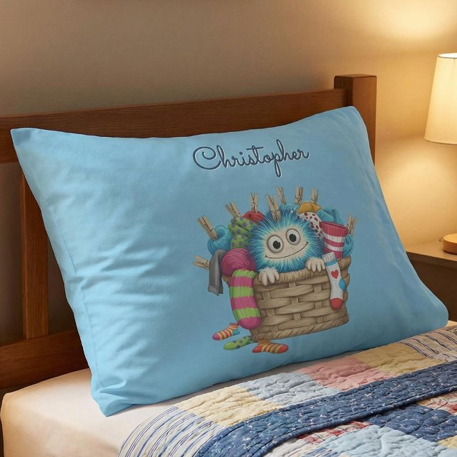 Cute Blue Fluffy Sock Monster Kids Design Pillowcase (Creator Uploaded)