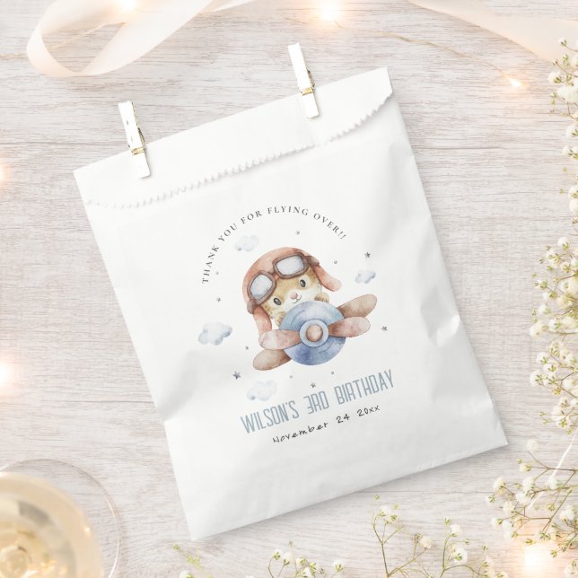 Cute Blue Fly Over Teddy Animal Plane Birthday Favour Bag (Clipped)