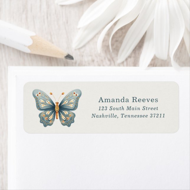 Cute Blue Folk Butterfly Return Address Label (Insitu)