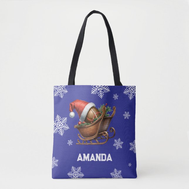 Cute Blue Football Santa Sleigh Name Tote Bag (Front)