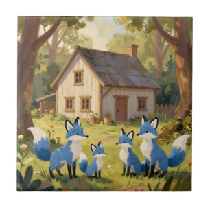 Cute Blue Fox Family Cottage Ceramic Tile