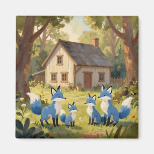 Cute Blue Fox Family Cottage Magnet