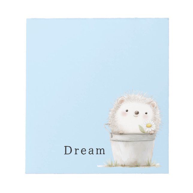 Cute Blue Garden Hedgehog in Pail Notepad (Front)
