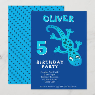 Cute Blue Gecko Lizard Birthday Party  Invitation