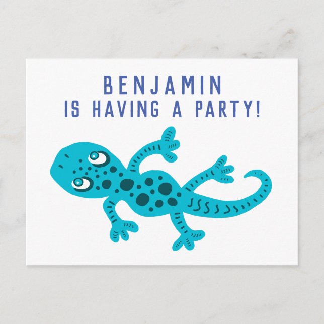 Cute Blue Gecko Lizard Birthday Party Invitation Postcard (Front)