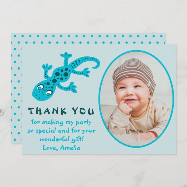 Cute Blue Gecko Lizard Kid Photo Birthday  Thank You Card (Front/Back)
