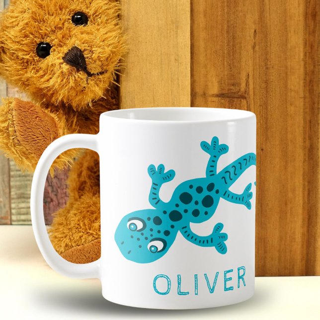 Cute Blue Gecko Lizard Kids Name Coffee Mug (Creator Uploaded)