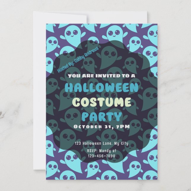 Cute Blue Ghosts Purple Background Halloween Invitation (Front)