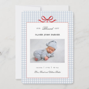 Cute Blue gingham baby boy Holiday Birth Announcement