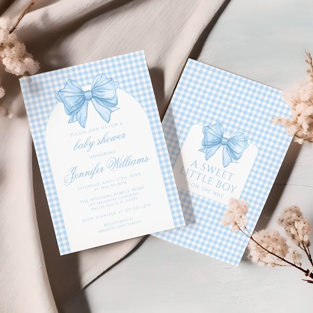 Cute blue gingham bow ribbon arch baby boy shower invitation (Creator Uploaded)