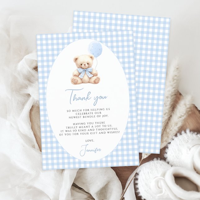 Cute blue gingham bow ribbon baby shower thank you card (Creator Uploaded)
