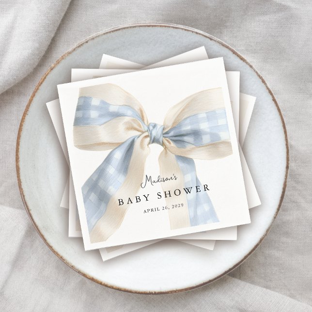Cute Blue Gingham Checks Bow Baby Shower Napkin (Creator Uploaded)
