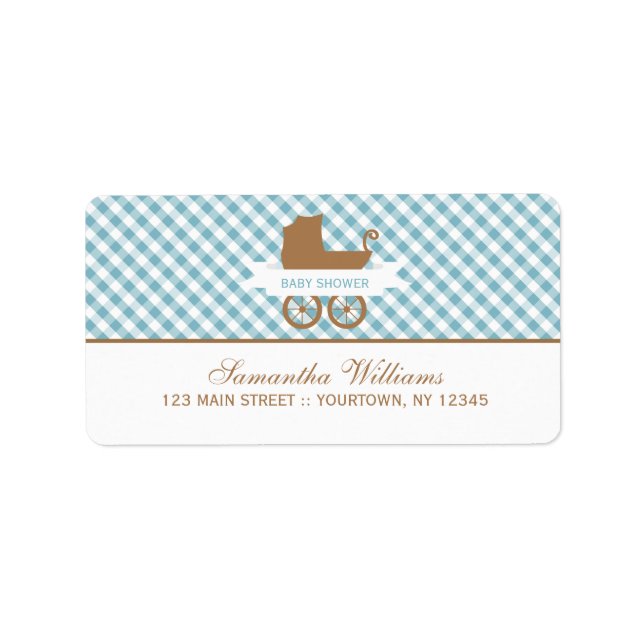 Cute Blue Gingham Pattern and Baby Carriage Label (Front)