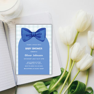 Cute Blue Gingham Plaid Arch Bow Boy Baby Shower Invitation