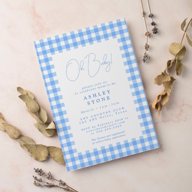 Cute blue gingham simple baby shower invitation (Creator Uploaded)
