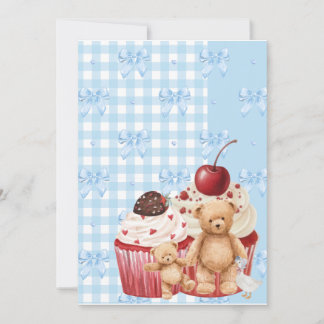 Cute Blue Gingham Teddy Bear & Ribbon Invitation